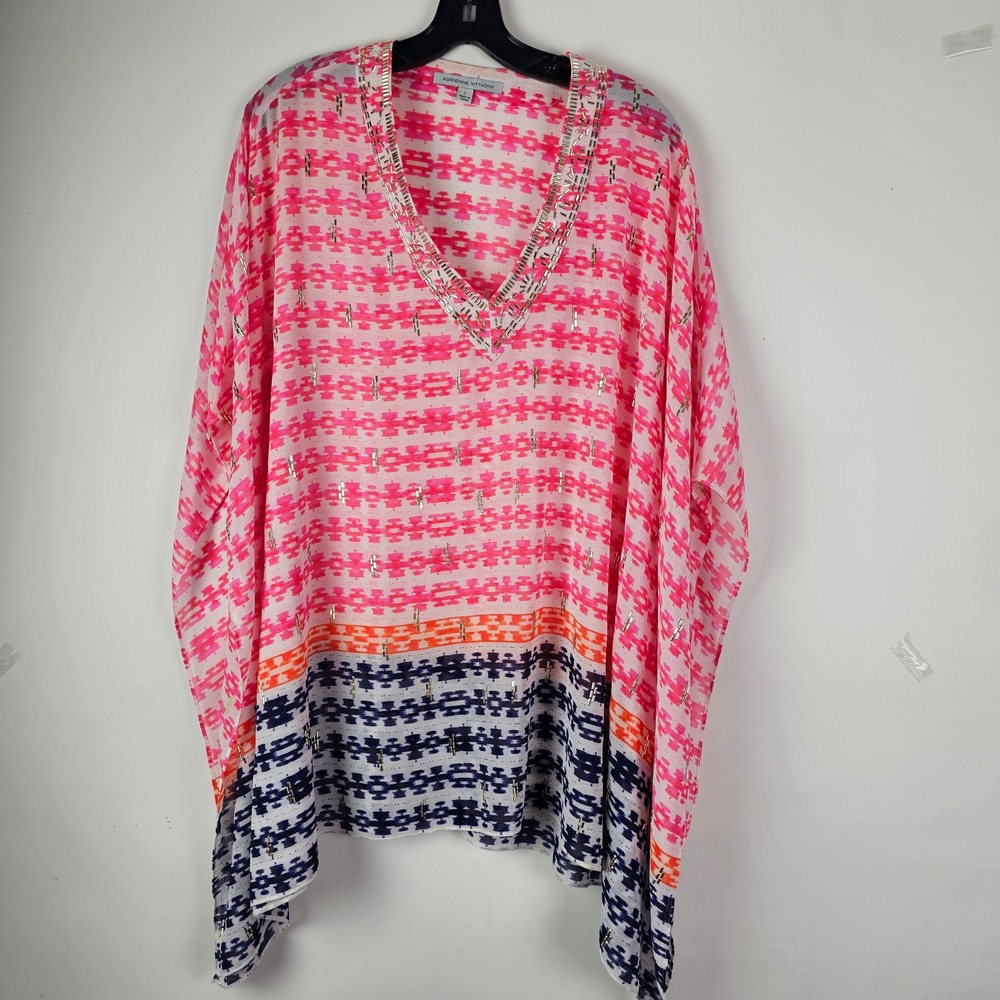Adrienne Vittadini Pink Geometric Beaded V-Neck Kaftan Poncho Top Large Tunic